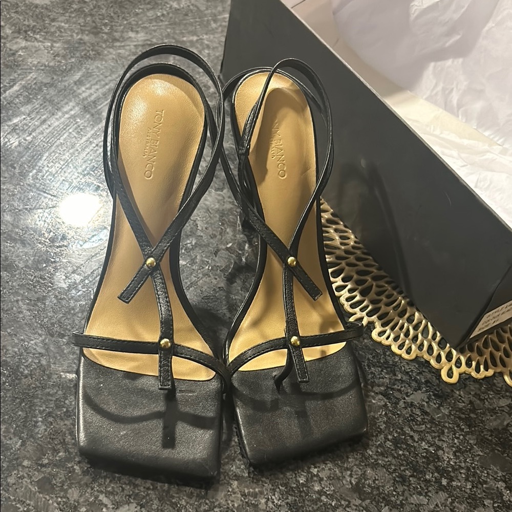 Black Strappy Square Toe Heels